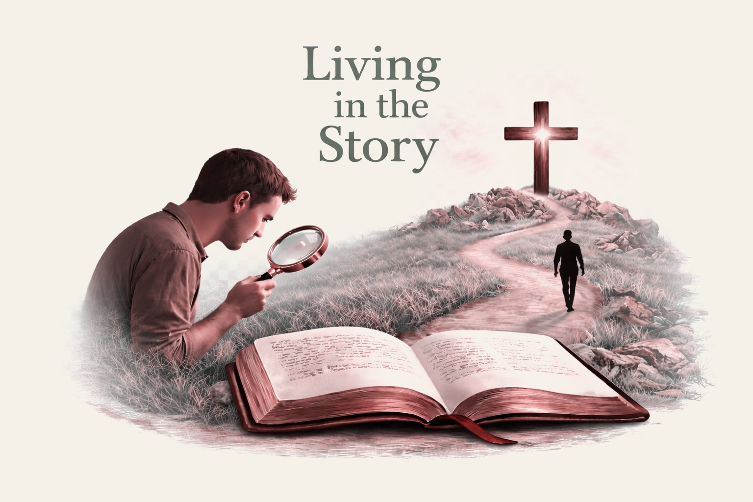 Living in the Story \u2014 a person studying the Bible with a path leading to the cross