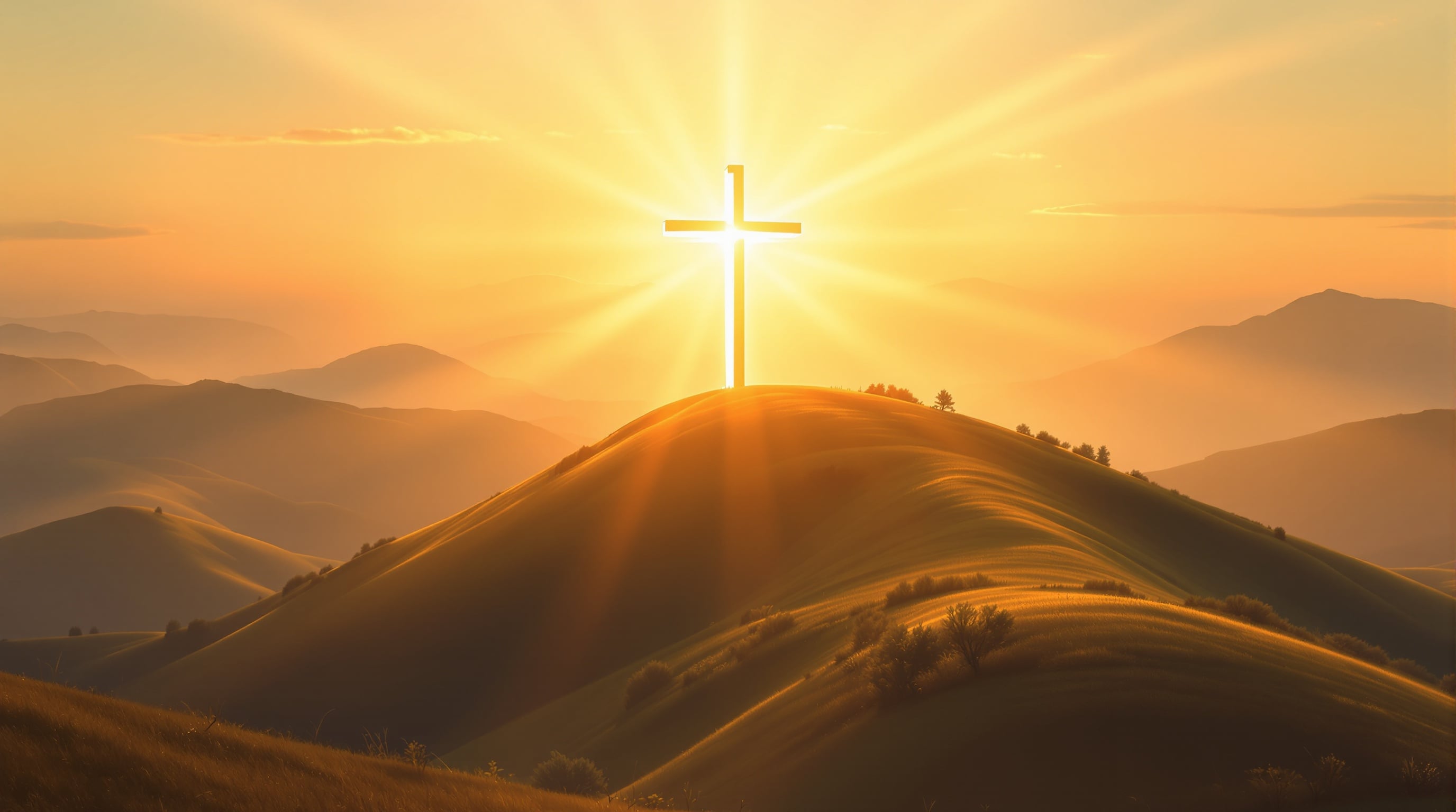 Glowing cross on a hillside — the center of the redemption story